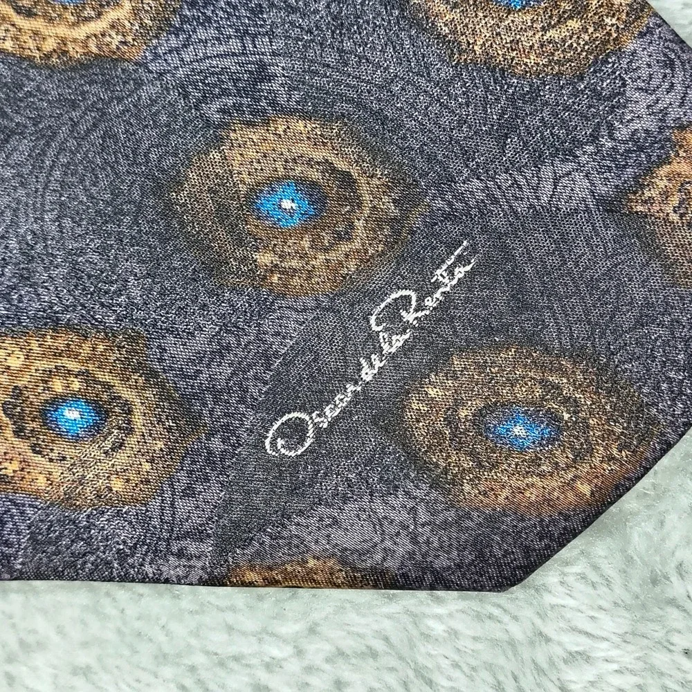 Vintage Oscar de la Renta Studio Tie Mens  90s Peacock Feather Old Money